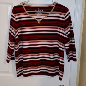 Coral Bay Womens Quarter Sleeve V-Neck Striped Maroon Black White Red Tan Shirt